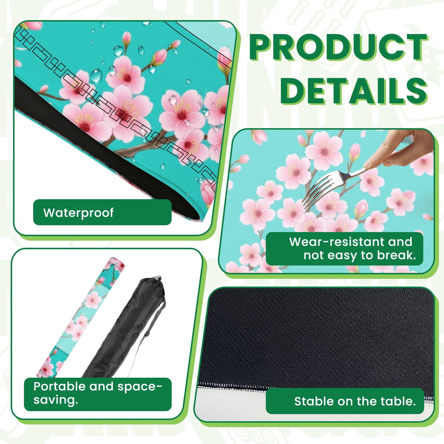 Mahjong Mat 31.5" x 31.5" Seamless Pink Cherry Blossoms Turquoise Non-Slip Noise Reduction American Mahjong Tiles Table Cover for Dominoes Poker Card Board Games Gift