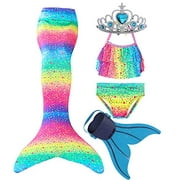 Feeyakie Swimmable Mermaid Tails for Swimming with Monofin Swimsuit Costume Cosplay, Bikini Sets Girls Kids Cospaly Gift Rainbow
