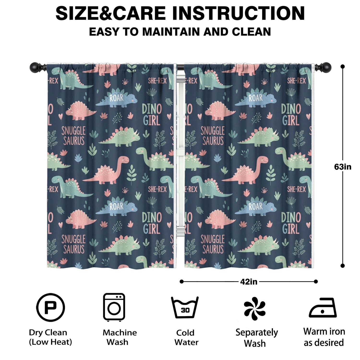 Blackout Kids Curtains,Dark Blue Girl Themed Dinosaurs Pattern Childrens Insulated Curtains Set Of 2,Bedroom Essentials,Toddler Room Decor 42"x63"
