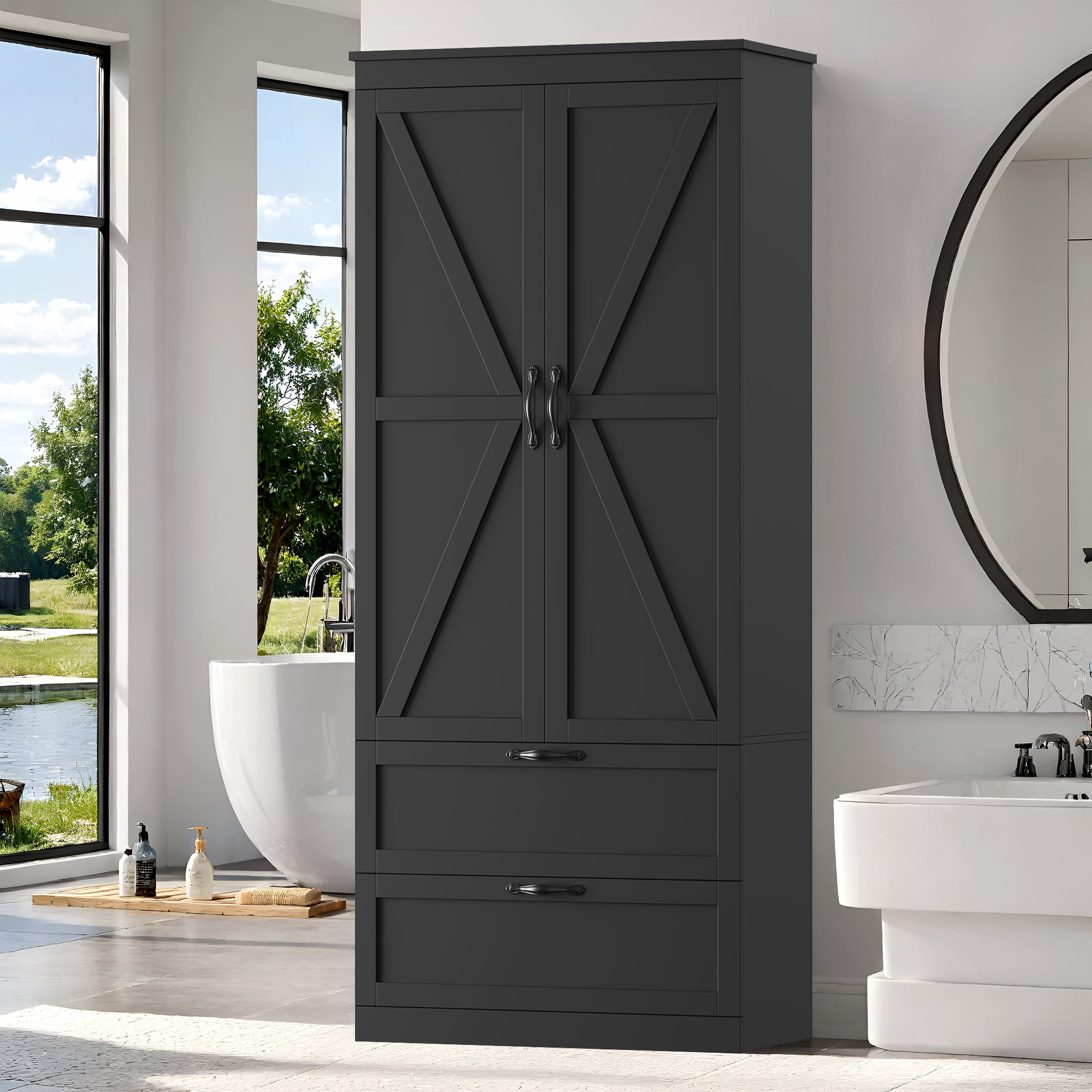 Homfa 70.3"H Bathroom Storage Cabinet, Farmhouse Linen Storage Cabinet with 2 Drawers, Black