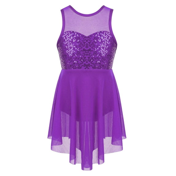 YEAHDOR Kids Girls Sleeveless Sequins Skating Leotard Dress Lyrical Modern Dance Costume