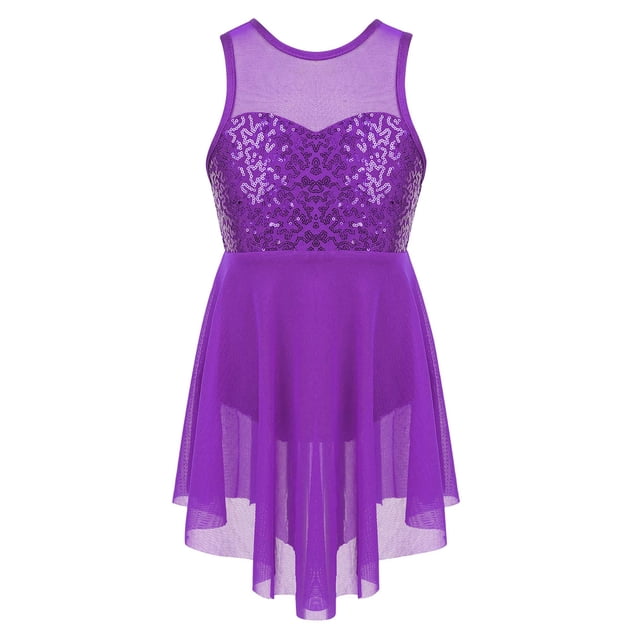 Jelory Robe de Danse Ballet pour Filles Enfants Jupe Dos Coupé à Sequins Compétition de Patinage sur Glace Violet 10