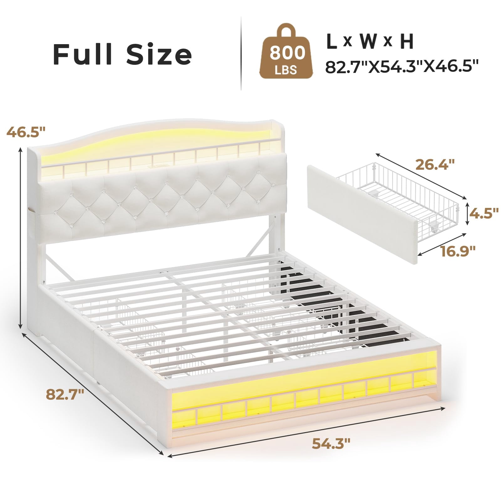 Afuhokles Full Size Bed Frame with LED Lights and 4 Drawers, Velvet Upholstered Platform Bed, Headboard with Charging Station and Crystal Button, White