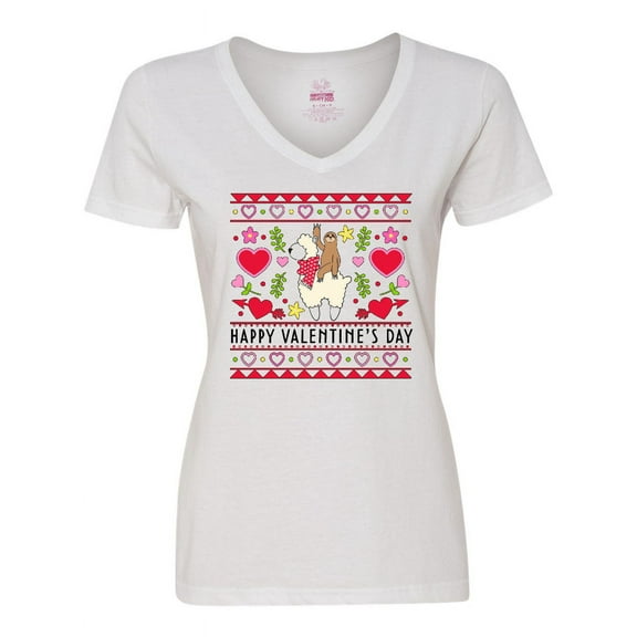 Inktastic Happy Valentine's Day Sloth and Llama Ugly Sweater Style Women's V-Neck T-Shirt