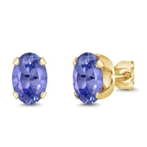 Gem Stone King 1.50 Ct Oval 7x5mm Blue Tanzanite 18K Yellow Gold Plated Silver Stud Earrings for Women Men