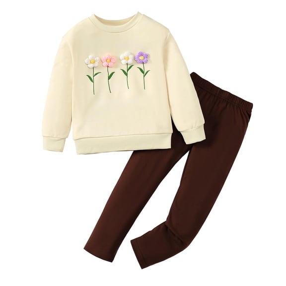 4T Baby Girls Clothes 4T Girls Fall Winter Pant Set Toddler Girls Long Sleeve Round Neckline Cute Flower Top Pants 2PCS Set Apricot