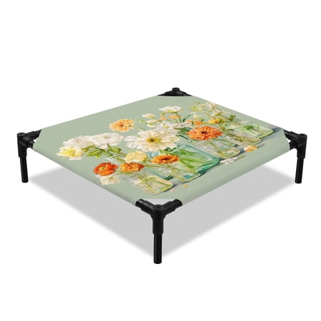White Yellow Flowers Elevated Dog Bed Floral Glass Jars Botanical Green Cooling Breathable Outdoor Raised Dog Cot Bed with Metal Frame Non-Slip Feet for Small Dog 20x20in