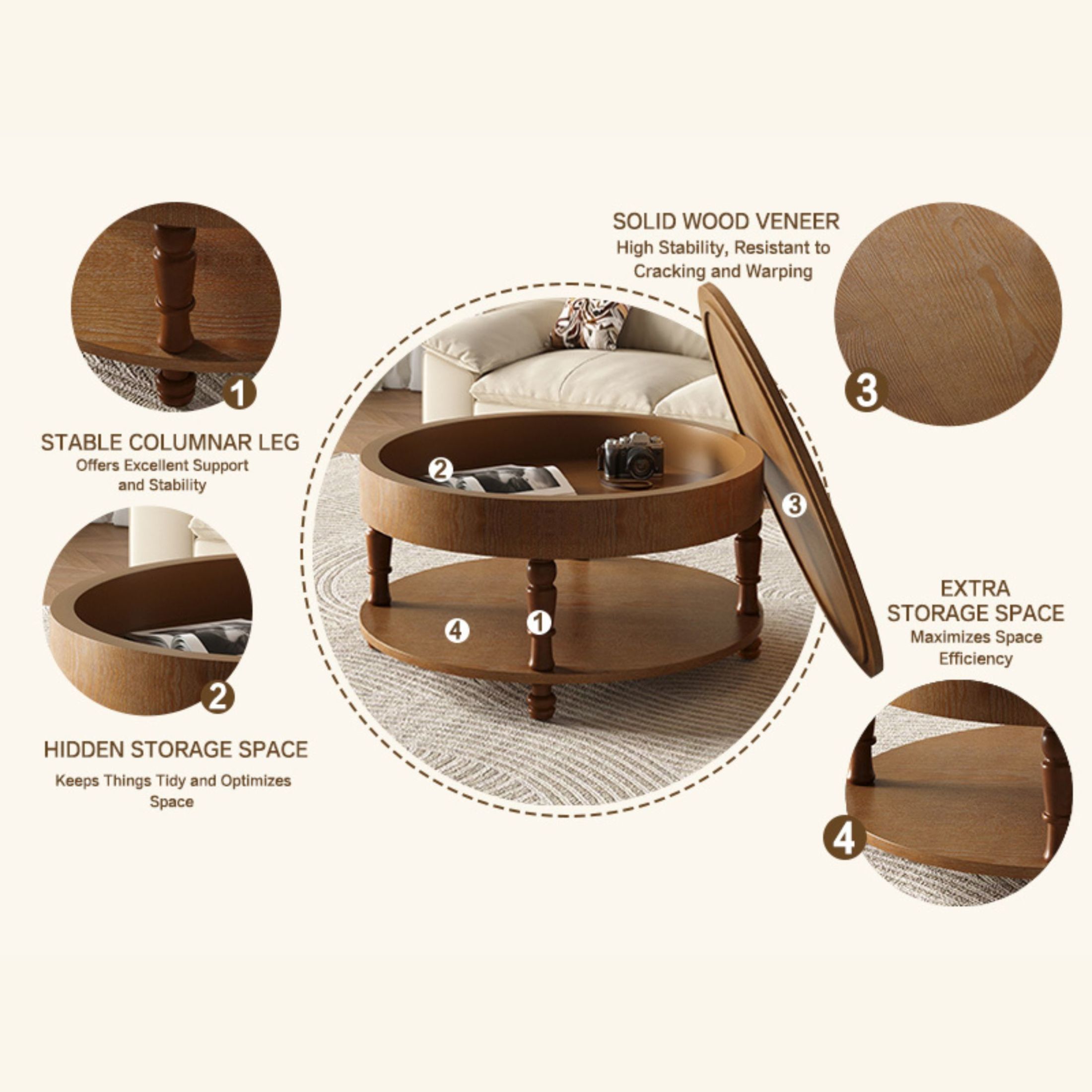 Noble House Coffee Table with Dual Storage for Living Room, 31.5" Modern Round Coffee Table with Storage and Hidden Compartment, Adjustable Leveling Feet, Walnut Brown