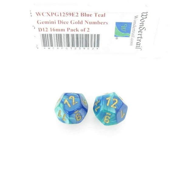 Blue and Teal Gemini Dice with Gold Numbers D12 Aprox 16mm (5/8in) Pack of 2 Wondertrail