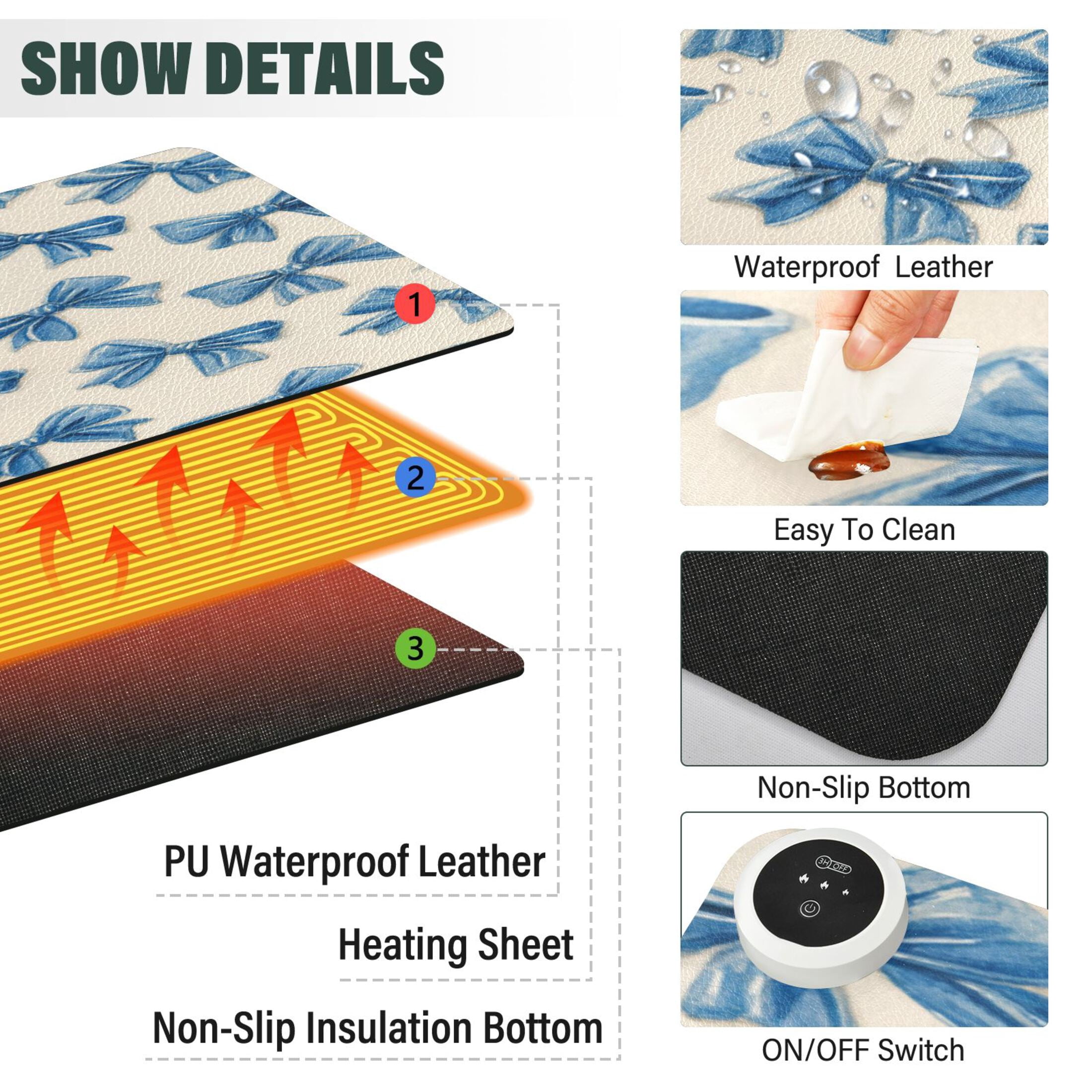 Large Heated Desk Mat Mouse Pad 31.5"x13"PU Leather Graphene Heating Desk Warmer with 3 Temperature Settings 110V US Plug Non-Slip Warm Pad for Home, Office, and Gaming Classic Blue Bow Pattern
