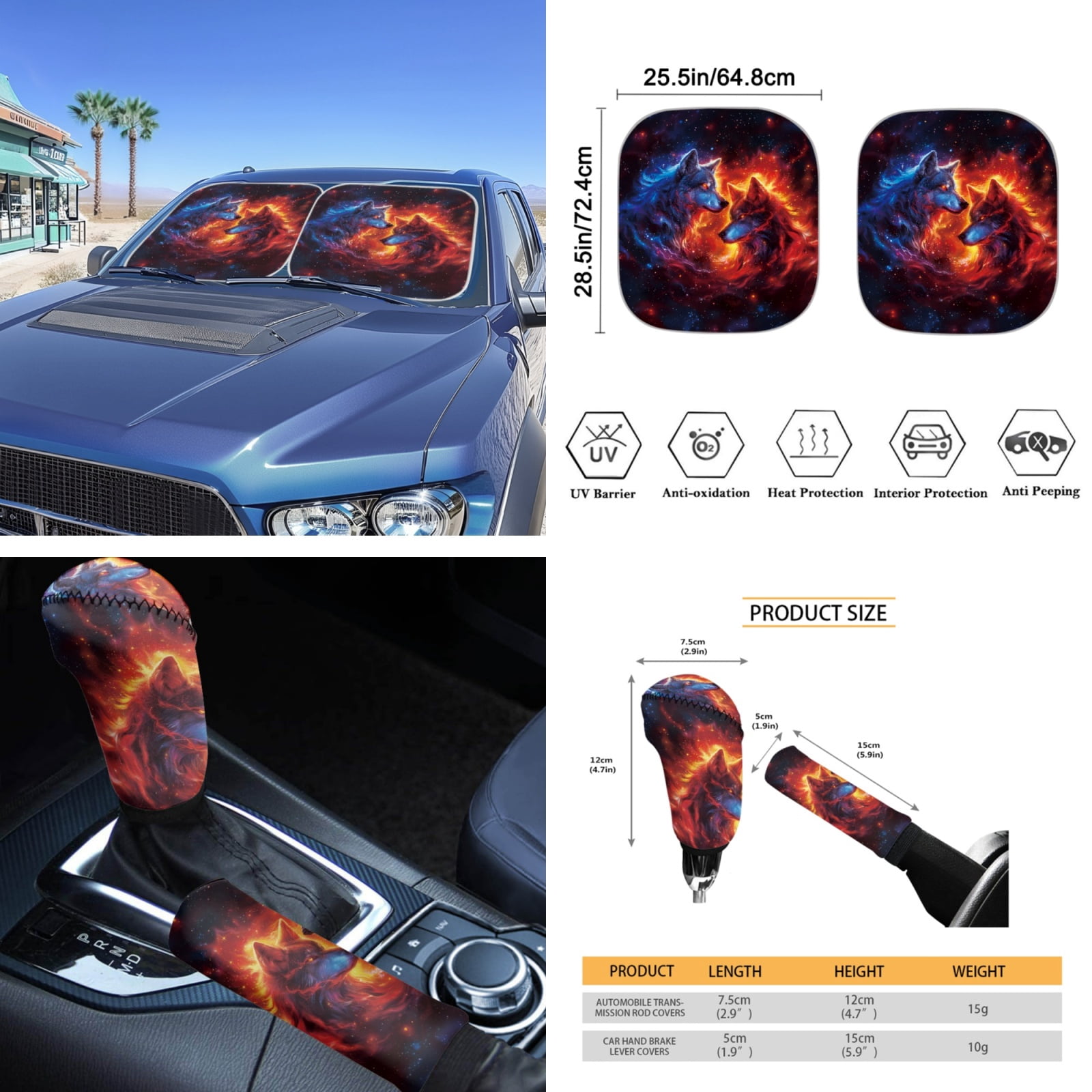Yuyamidu Galaxy Car Seat Covers Full Set of 16 Fire Wolf Steering Wheel Cover Seat Belt Pad Sunshade Rearview Mirror Cover Car Coasters Key Chain Gear Shift Knob Cover Fit Most Vehicles