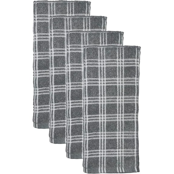 Four Pcs Windowpane 100% Cotton Terry Kitchen Towels 425 GSM, Hanging Loop, Soft and Highly Absorbent, Machine Washable Size: 15 x 25 Inch.