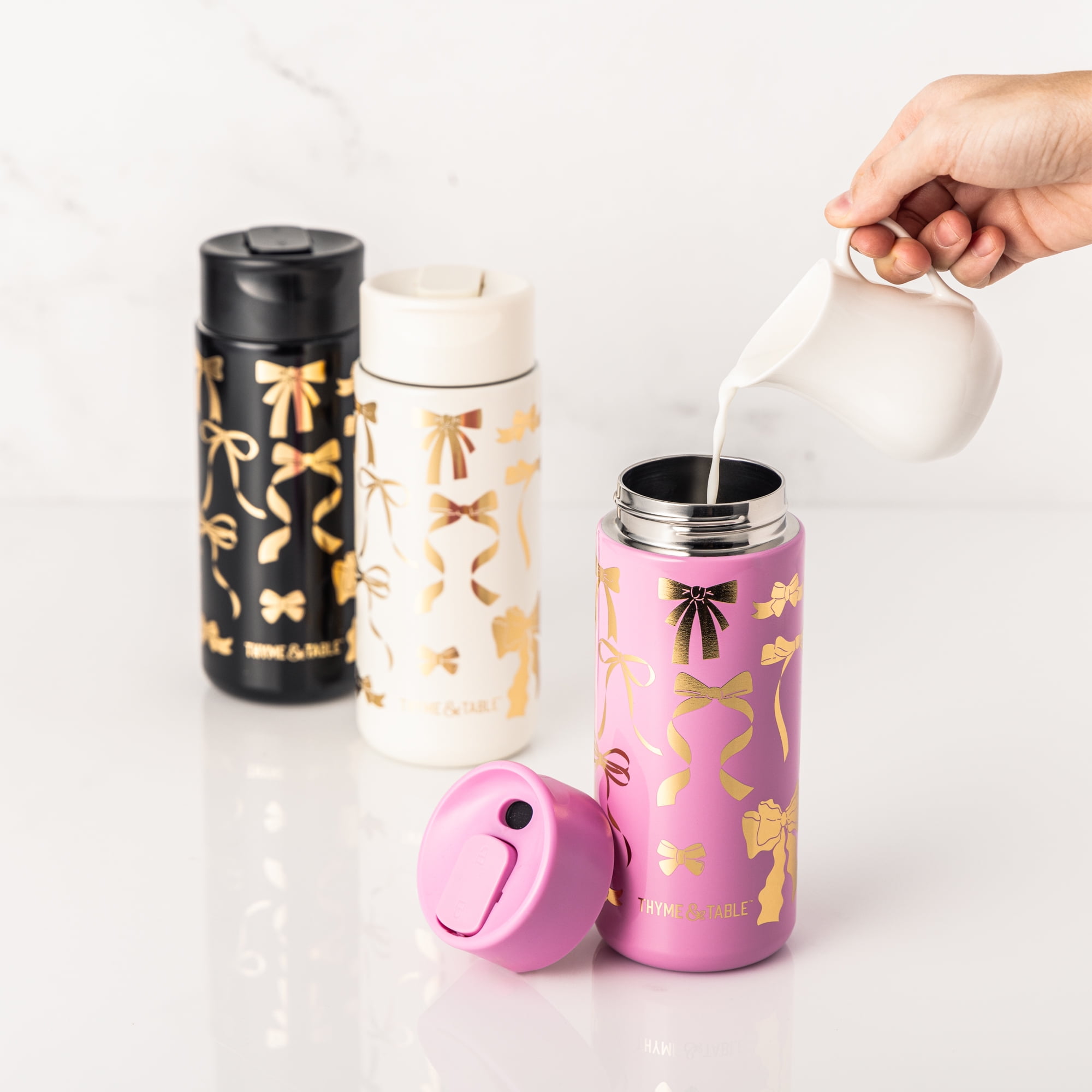 Thyme & Table 22 fl oz Stainless Steel Coffee Tumbler, Black & Gold Bows