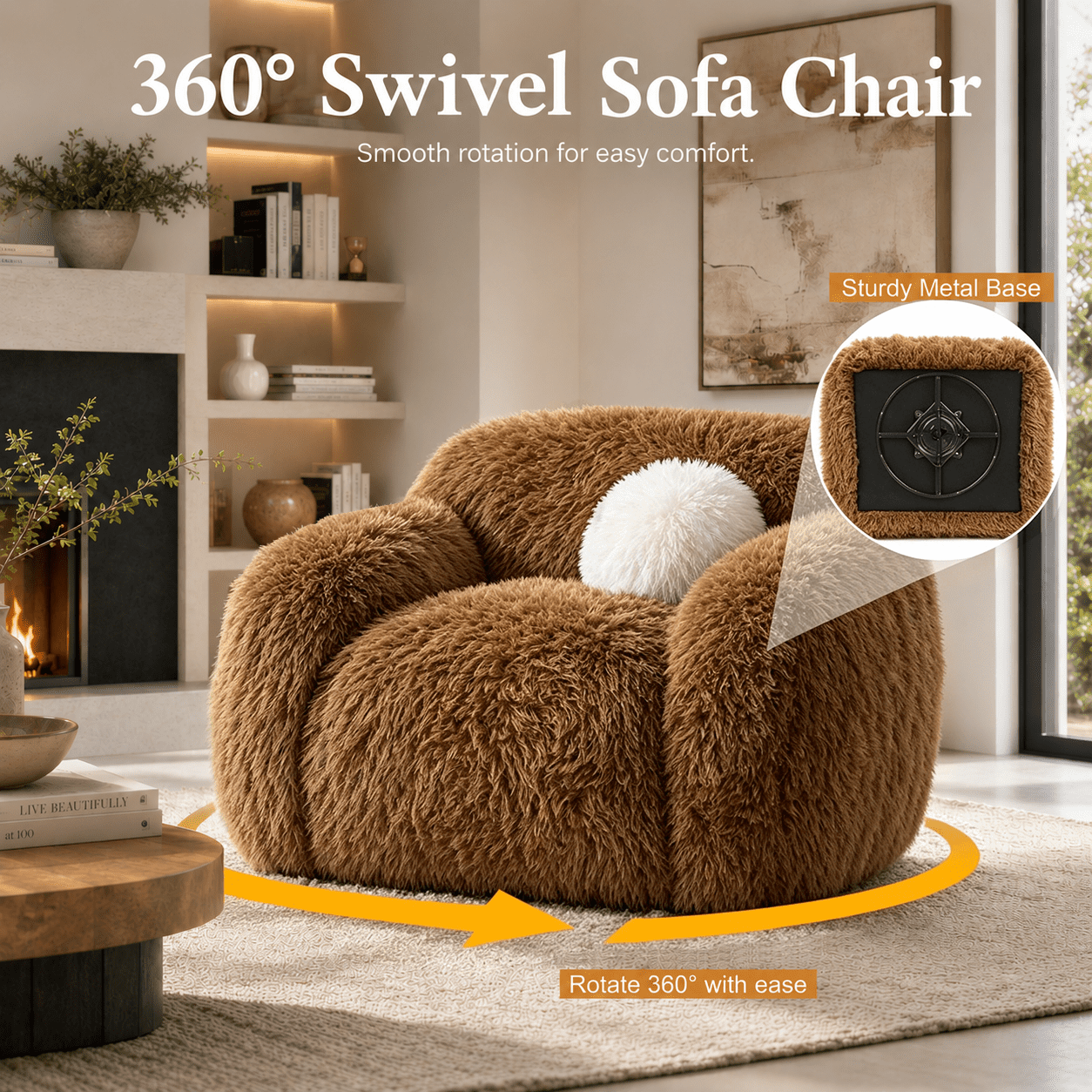 Aenkyo Oversized 360 Degree Swivel Accent Chair, Plush Faux Fur Barrel Sofa Chair, 25" Deep Seat, Camel Brown