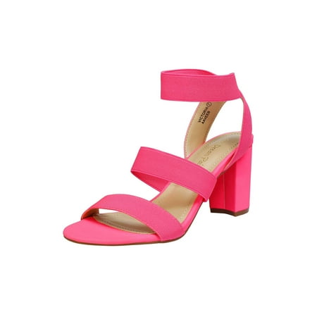 

Women‘s Neon Pink Open Toe High Chunky Elastic Strap Dress Heel Sandals Women‘s Footwear