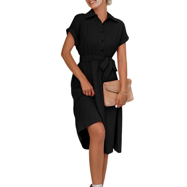 Innerwin Shirt Dress Button Down Ladies Midi Dresses Holiday Short Sleeve Loose Black XL