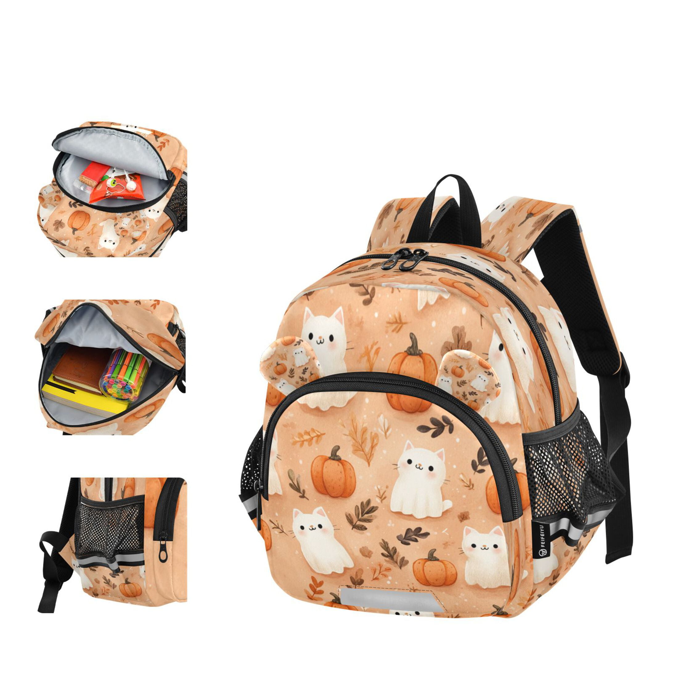 RMDQTR Adorable Ear-Print Backpack with Reflective Strip and Anti-Lost Leash Adjustable Shoulder Straps Mini Travel Backpack Ghost White Cats