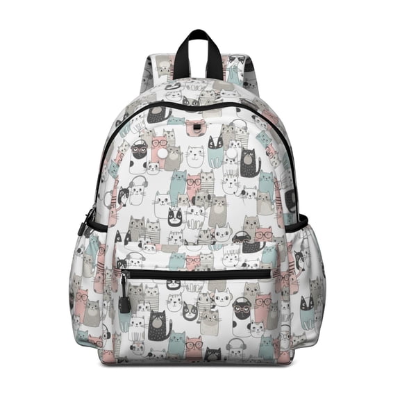 Multicolor Cat Head White Pattern Backpack for School, Cute School Bag with Adjustable Shoulder Straps and Padded Back, 13.4"x11"x4.7"