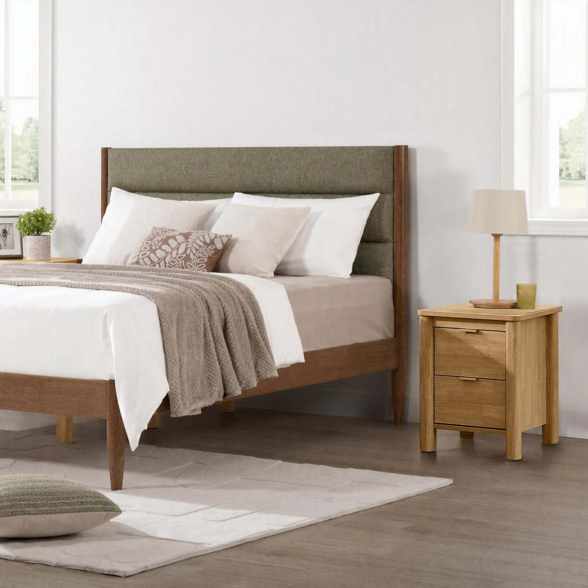 Spruce & Spring Farmhouse Queen Upholstered Bed Frame, Solid Rubberwood Frame, Sage Green Boucle Headboard, Noise-Free, No Box Spring Required, Walnut & Sage
