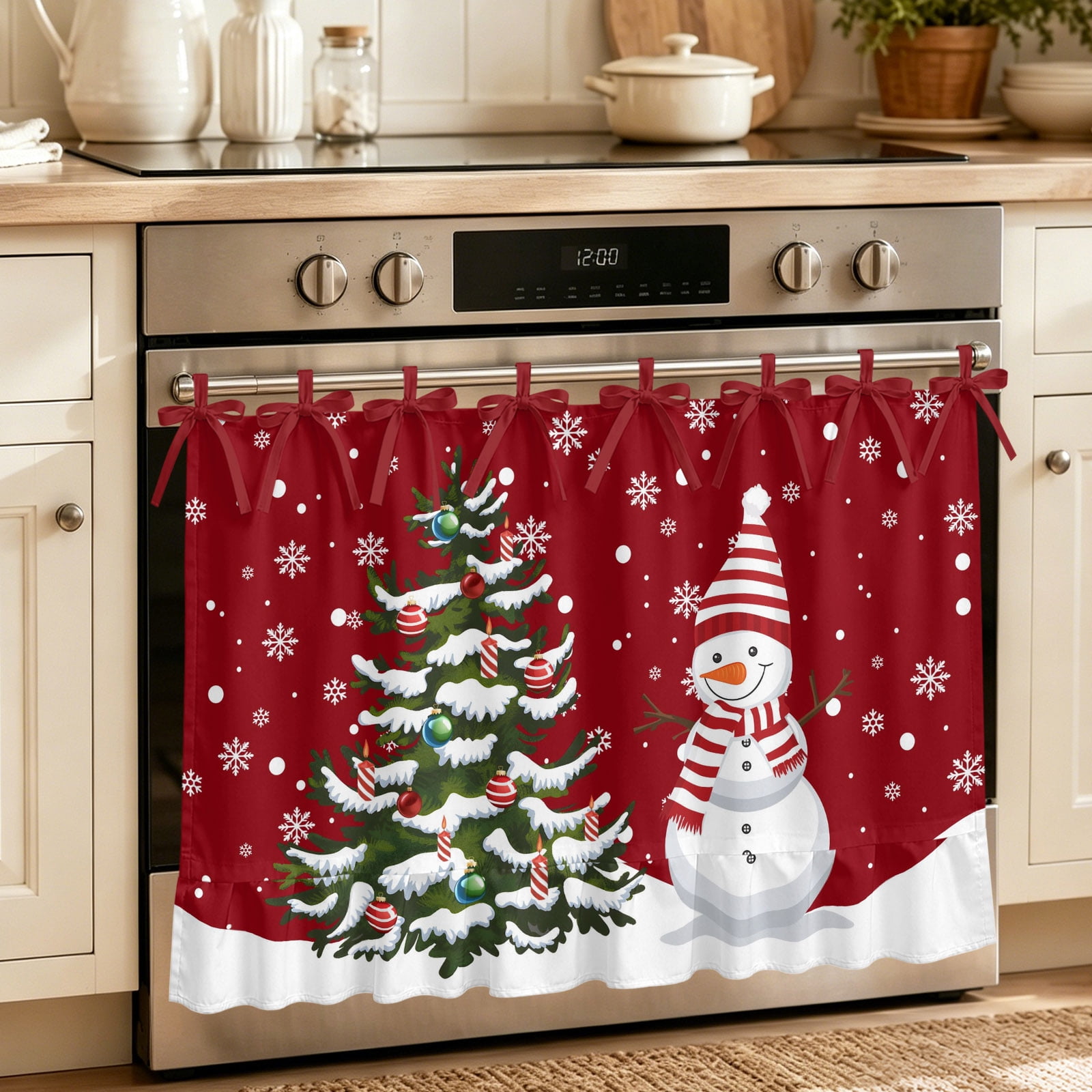 Oven Curtain for Kitchen Snowman Christmas Tree Snowflakes Stove Curtain With Ruffled Trim Dishwasher Curtains Red Winter Snow Oven Skirt 27 x20