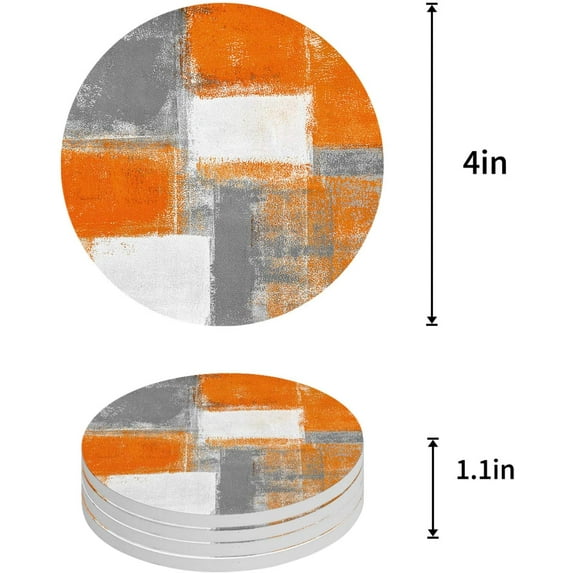 FMSHPON Geometric Abstract Oil Painting Style Orange Set of 6 Round Coaster for Drinks, Absorbent Ceramic Stone Coasters Cup Mat with Cork Base for Home Kitchen Room Coffee Table Bar Decor