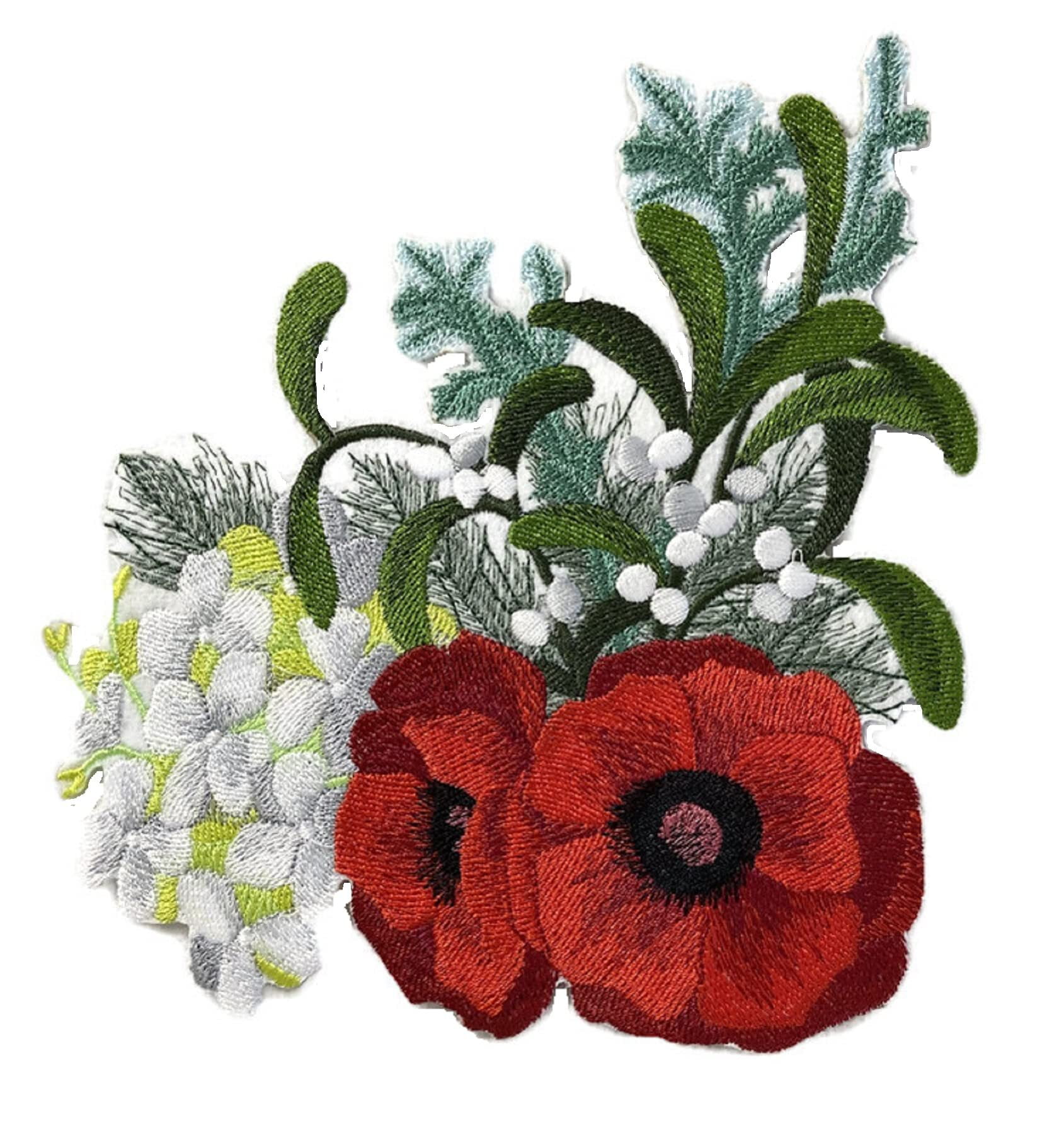 Custom and Unique (Poppies Bloom) Blooms Flower Embroidered Iron on/Sew Patch (5.6" x 5.2") [Made in USA]