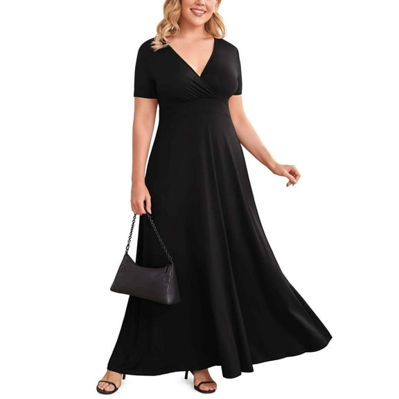 POSESHE Women Plus Size V Neck Short Sleeve Evening Dress, Elegant Party Maxi Dress