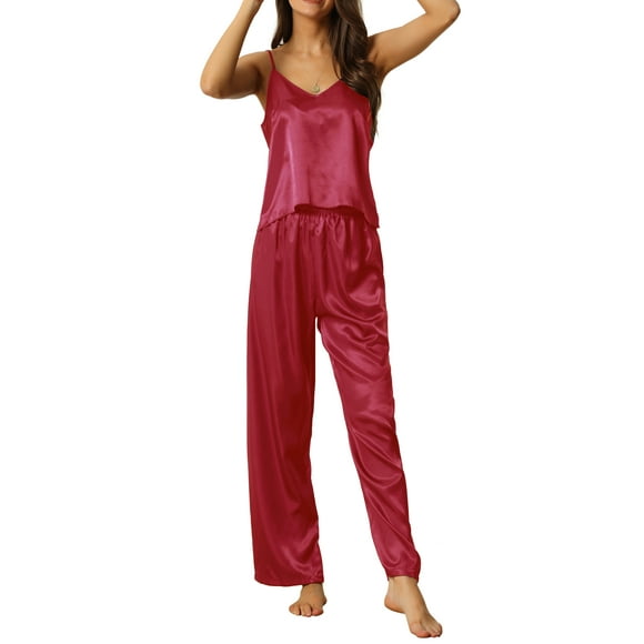 INSPIRAR CHIC Conjunto de Pijamas para Mujeres de Color Sólido de 3 Piezas con Camisón y Pantalones Cortos en Rojo