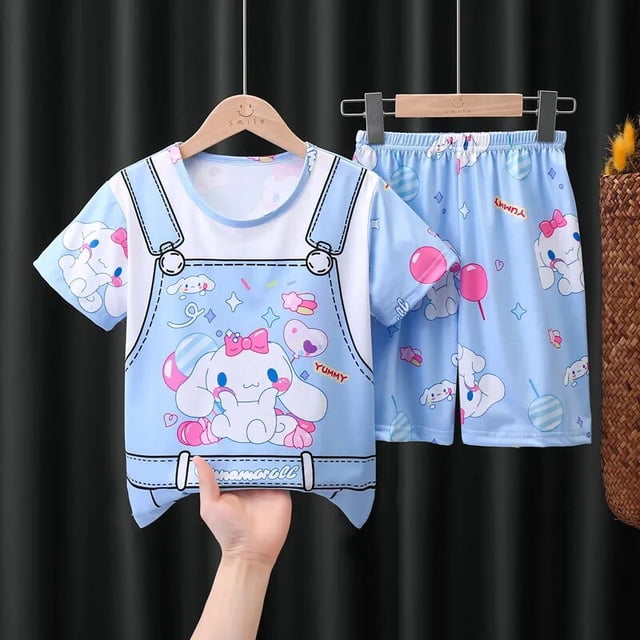 Conjunto de pijama fino Kawaii Sanrios Hello kittys Kuromi Cinnamoroll para niños, pantalones cortos de manga corta, ropa de casa, Verano