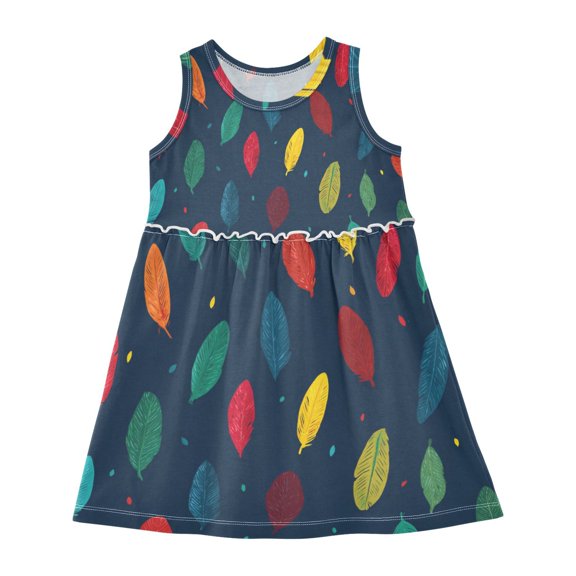 Girls Dress Colorful Parrot Feathers Sleeveless Dress for Girls Hem A-Line Casual Sundress