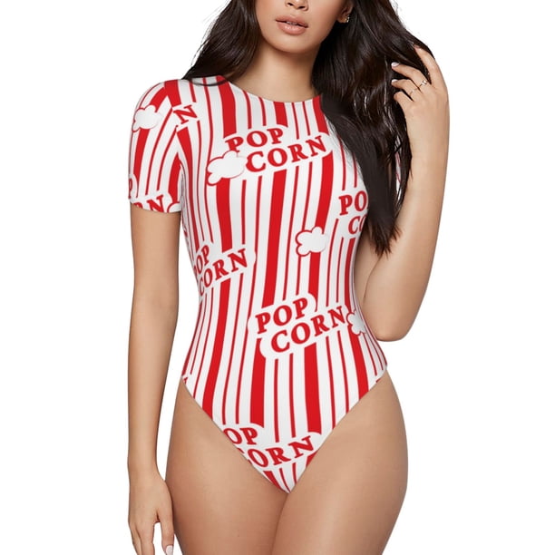 Balery Popcorn 1 Body de cuello redondo de manga corta para mujer Tops de manga corta Tops básicos-Large