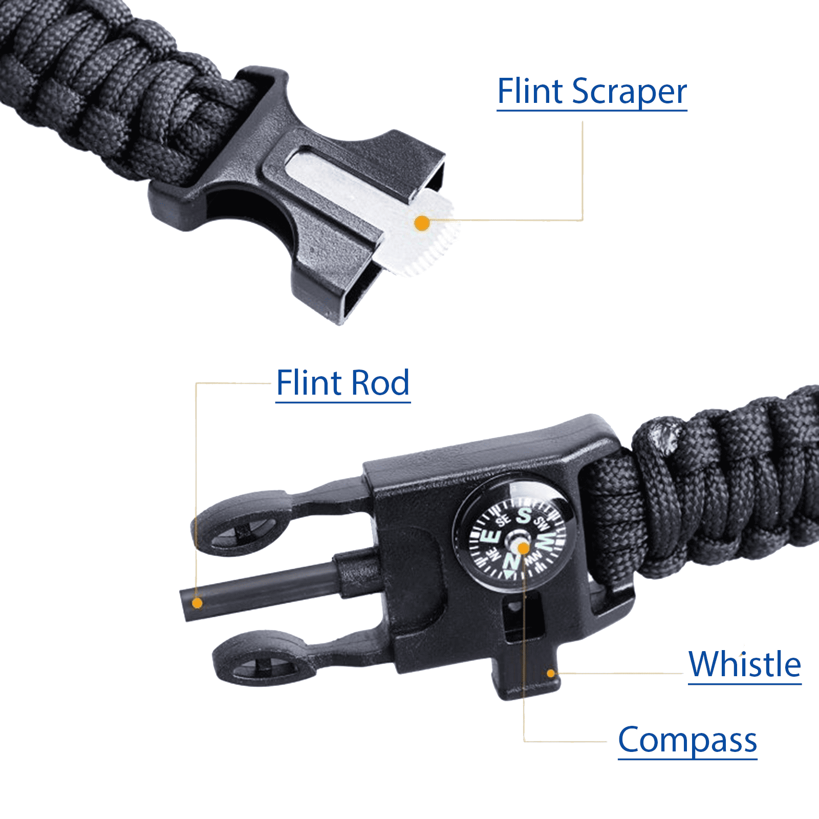 Paracord Survival Bracelet Compass Flint Fire Starter Whistle Camping Gear 