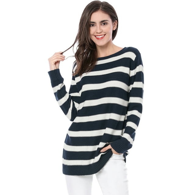 INSPIRE CHIC Suéter de rayas túnica con hombros descubiertos y cuello redondo para mujer Azul S
