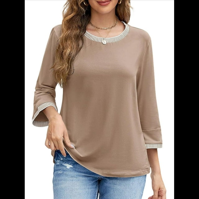 Blusas de 3/4 para Mujer, Elegantes, Informales, con Cuello Redondo, Holgadas y A , para Caqui XL