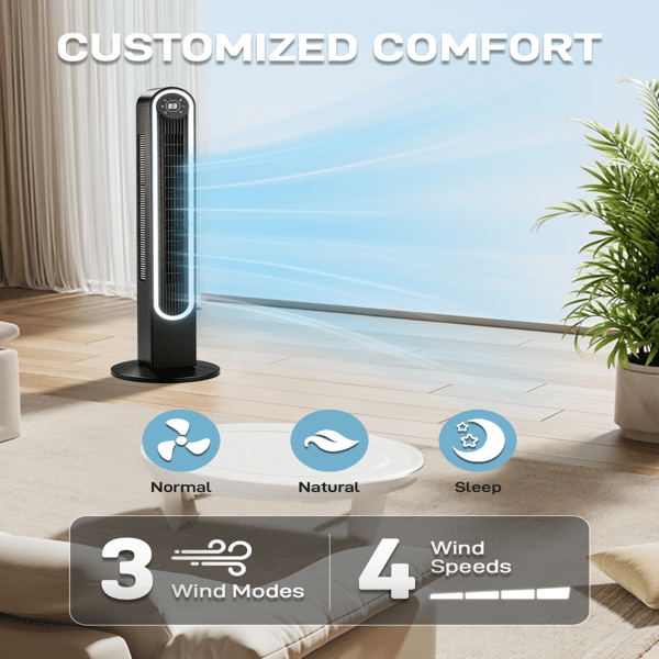 Alvantor 42-Inch Tower Fan, 4 Speeds, 3 Modes, 150° Oscillation, Remote Control, 9-Hour Timer, Black