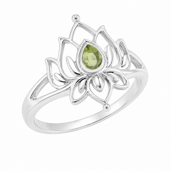 Earth Gems Jewelry Peridot Lotus Ring for Women, 925 Sterling Silver Floral Statement Ring