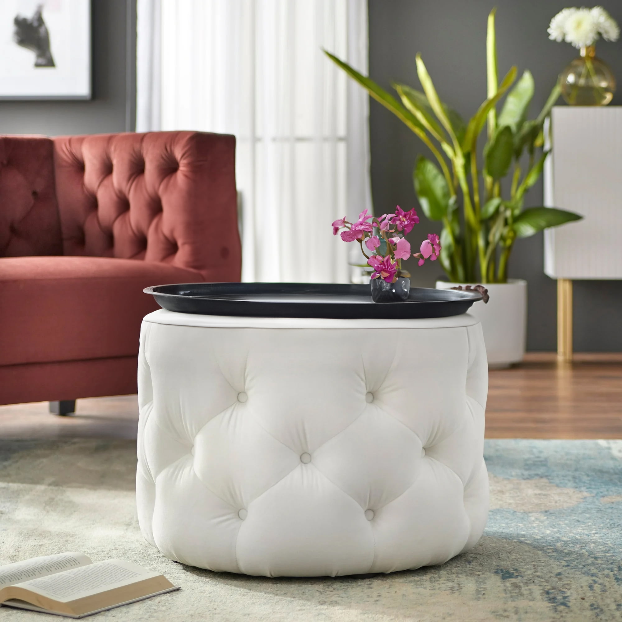 TMS Scopi 24” Upholstered Velvet Round Tufted Ottoman, White Velvet