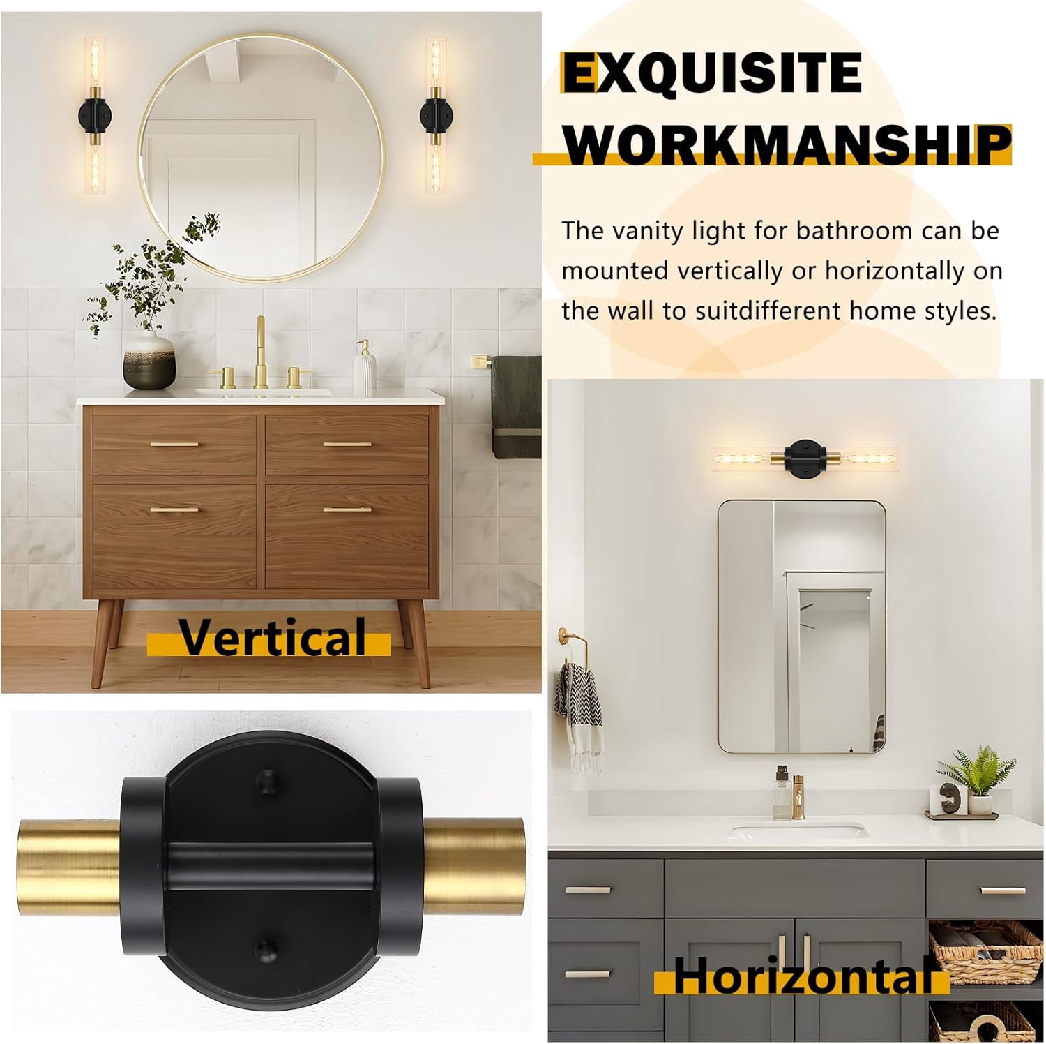 Bathroom Light Fixtures, 2-Light Black and Gold Bathroom Vanity Lighting Over Mirror, Modern Wall Sconces Set of 2 with Clear Glass, Indoor Hardwired Wall Lamp for Bedroom, Living Room, Hallway