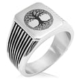 thumbnail image 1 of Stainless Steel Yggdrasil Great Tree of Life Viking Norse Needle Stripe Pattern Biker Style Polished Ring, 1 of 1