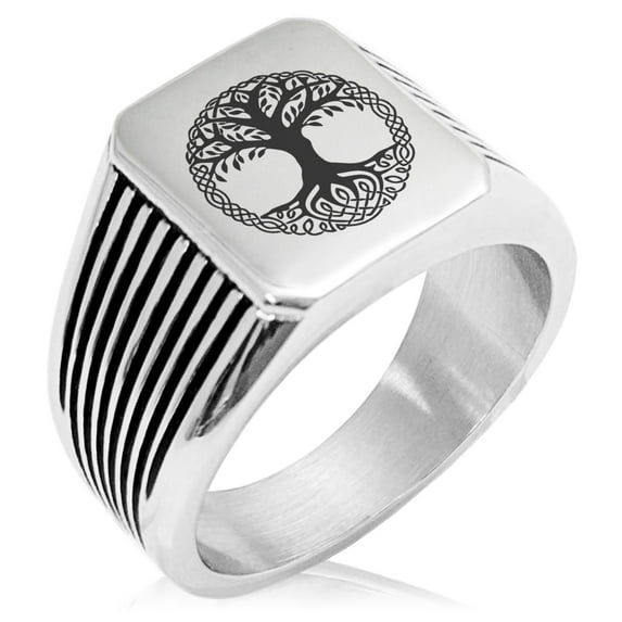 Stainless Steel Yggdrasil Great Tree of Life Viking Norse Needle Stripe Pattern Biker Style Polished Ring