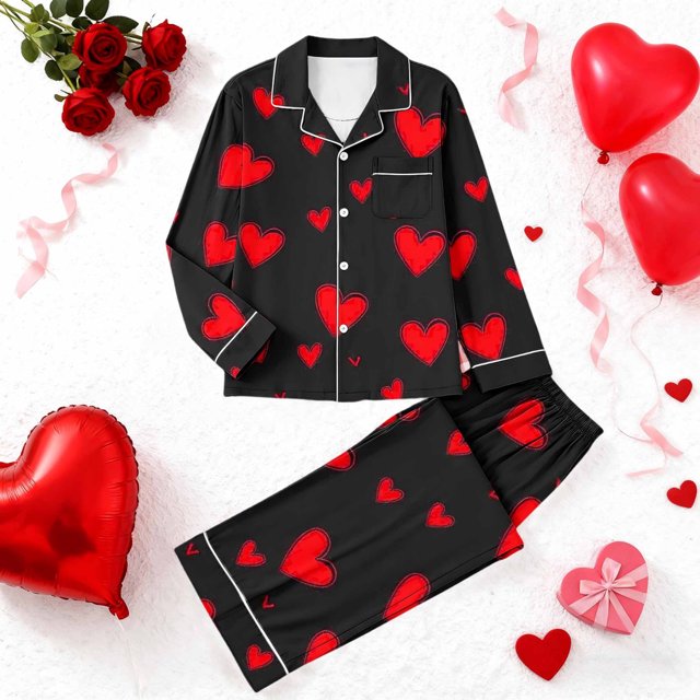 RKSTN Women's Valentines Pajama Sets Plus Size Notch Collar Button Down Valentine's Day Print T Shirt Top and Pjs Pant 2 Piece Matching Set Casual Lapel Sleepwear Shirt Pjs Loungewear Two Piece Set