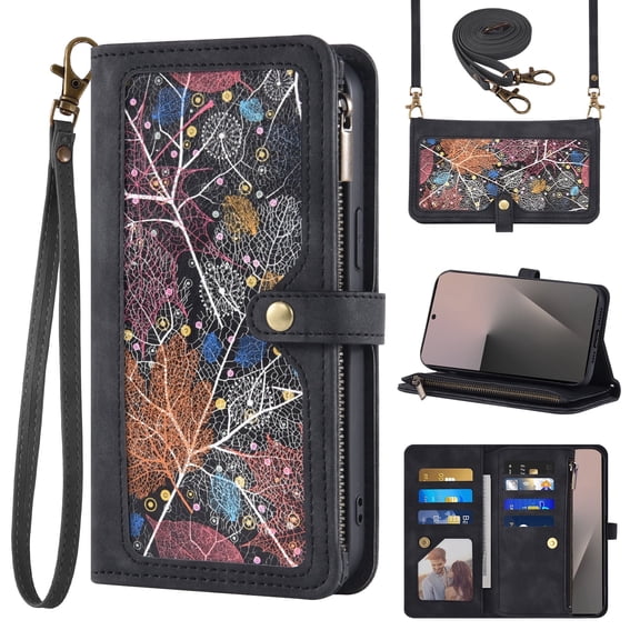 Asuwish Phone Case for Samsung Galaxy Z Fold 7 Wallet Cover Crossbody Wrist Strap Flip Pattern Zipper Credit Card Holder Stand Cell ZFold Z7 G Fold7 7Z Women Black