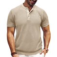 thumbnail image 2 of CIENVNSTG Mens Waffle Henley Shirts Crew Neck 3 Button Collarless Solid Color Short Sleeve Basic Soft Breathable Fabric Casual Lightweight Tops Suitable For Summer Daily Wear Apparel Beige L, 2 of 5