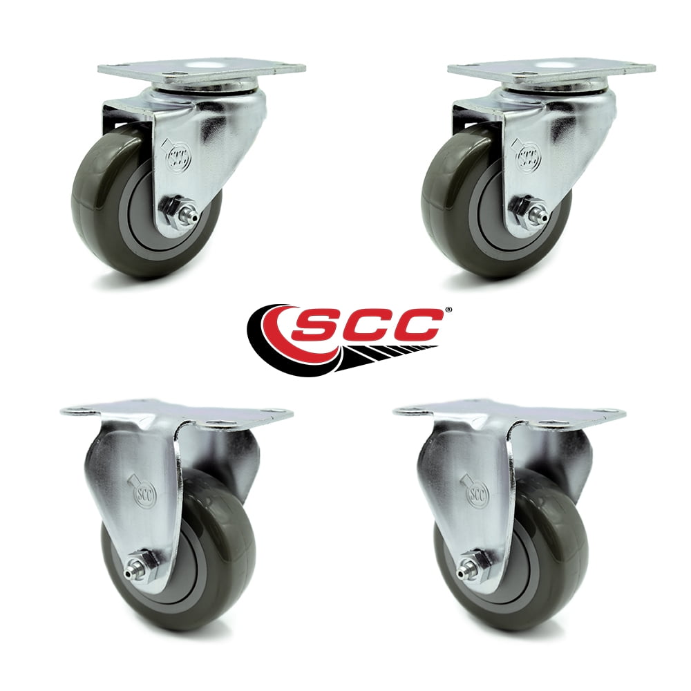 3 Inch Gray Polyurethane Wheel Swivel Top Plate Caster Set with 2 Rigid SCC