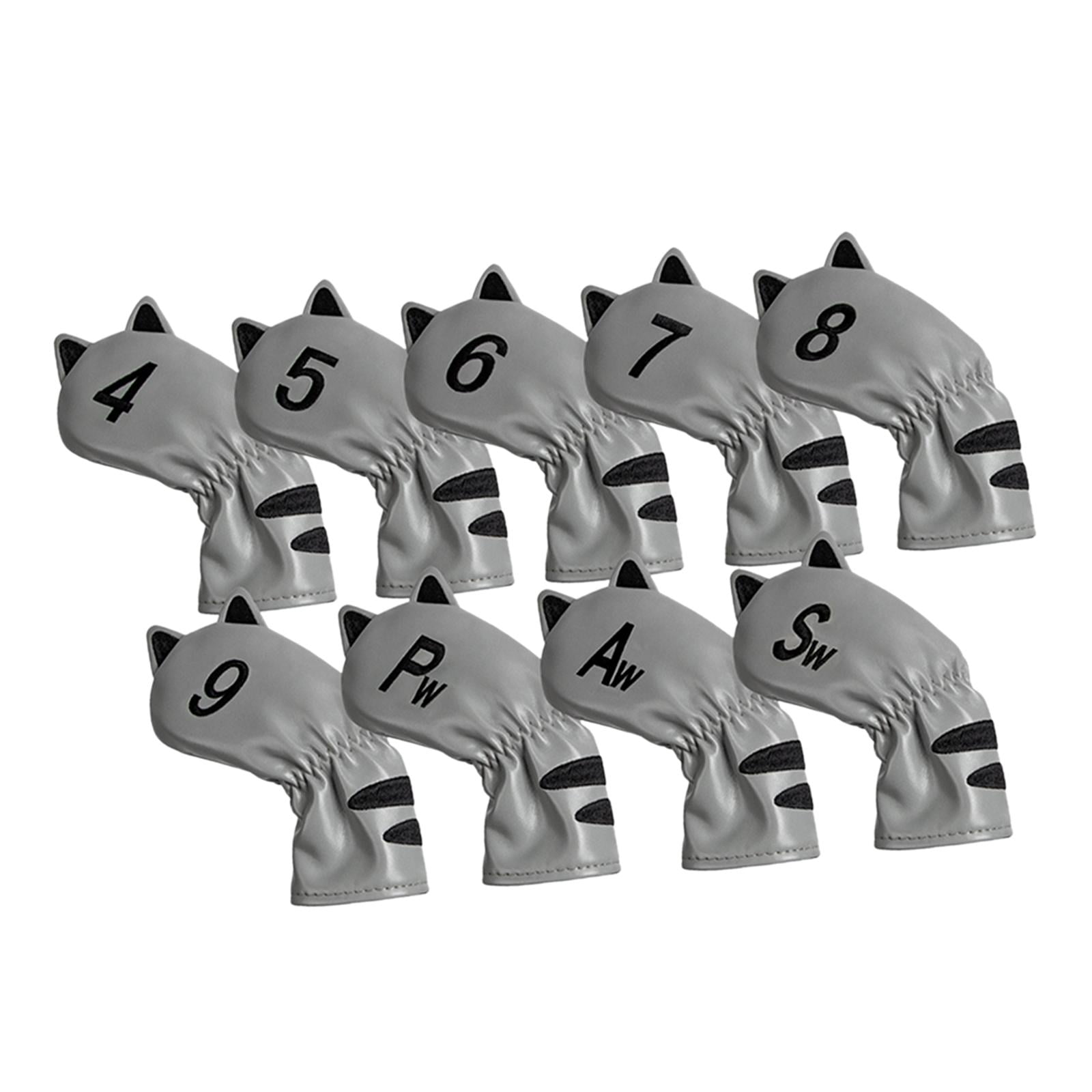 DimyFew Golf Club Head Covers Mallet Putter Cat Pattern Accessories Putter Cue Headcover 9pcs Iron Cue Grey