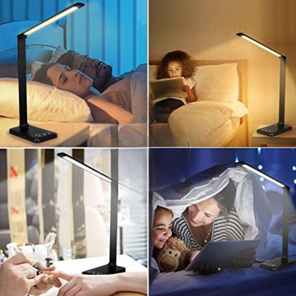 White crown LED Desk Lamp Dimmable Table Reading Lamp with USB Charging Port, 5 Lighting Modes, Sensitive Control, 30/60 Minutes Auto-Off Timer, Eye-Caring Office Lamp (Black)