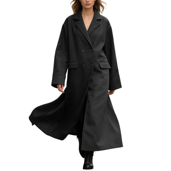 Women's Winter Double Wool Coat Long Sleeve Notch Lapel Midi Long Winter Trench Coat