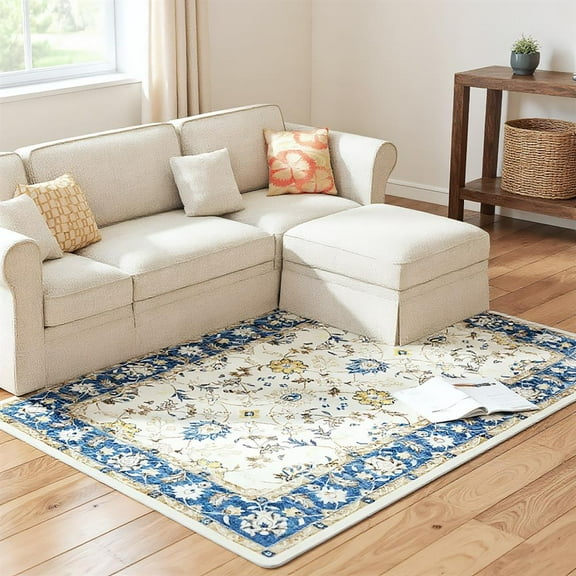 Topcobe Machine Washable Area Rug 4x6, Non-Slip Boho Floral Print Floor Carpet for Living Room, Bedroom, Dining Room, Stylish Decorative Carpet for Comfort, Blue