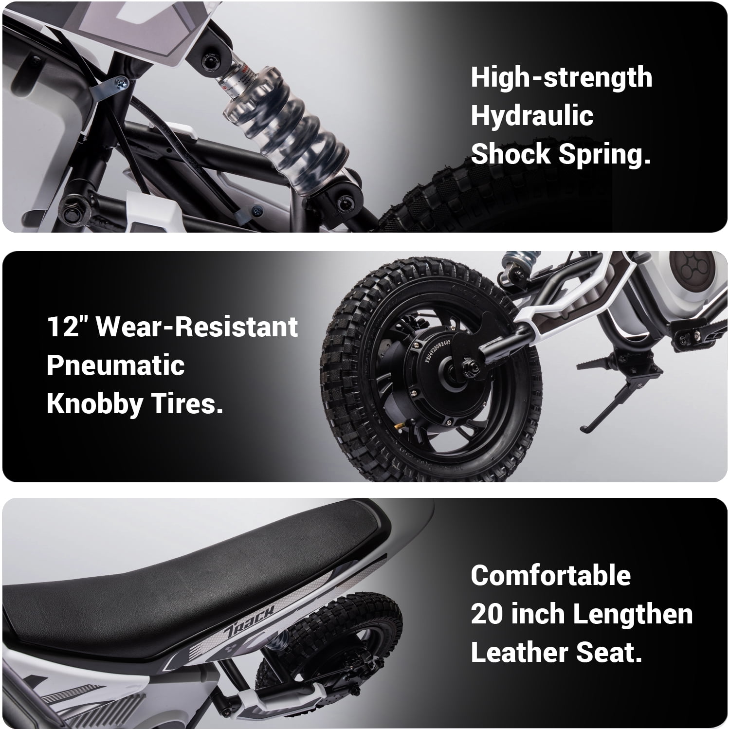 Track Seven 24V Electric Dirt Bike, 250W Ride on Motorcycle with Twist Grip Throttle, Hand-Operated Dual Brakes, Speed Up to 10 MPH, for Age 8-12, White