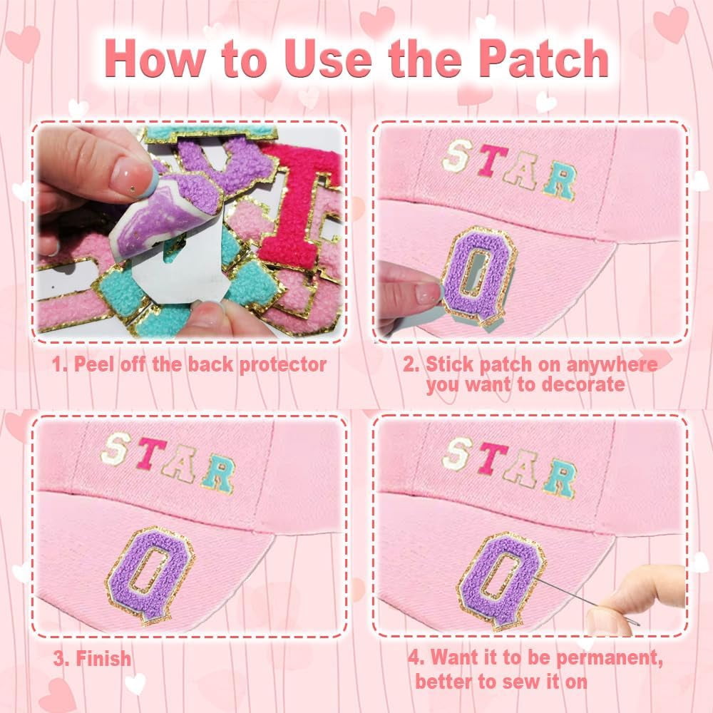 52Pcs Self Adhesive Chenille Patches for DIY Clothing, A-Z Alphabet Applique Patches Stick on Letters Glitter Chenille Patches Sticker for Clothing, Makeup Hats, Bags, Backpacks, laptops